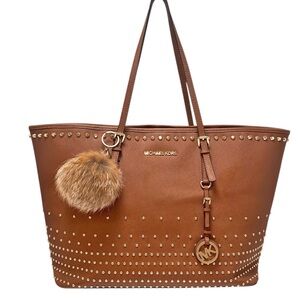 MK Jet Set Travel Studded Tote Luggage Brown Leather Fox Fur Pom Dust Bag